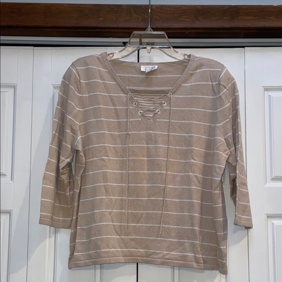 Christopher & Banks Tops - Christopher & Banks Beige Striped Lace-Up Long Sleeve Tee